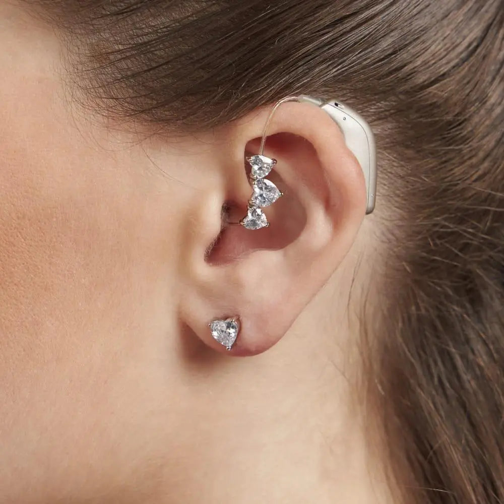 Crystal Heart Earrings with Hearing Aid Piercing Charm – Rhodium Plated