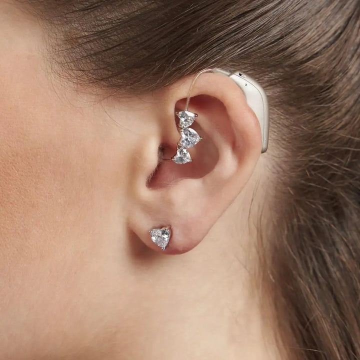 Crystal Heart Earrings with Hearing Aid Piercing Charm – Rhodium Plated
