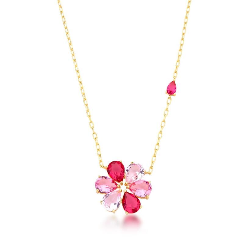 Pink Crystal Flower Necklace – 18k Gold Plated
