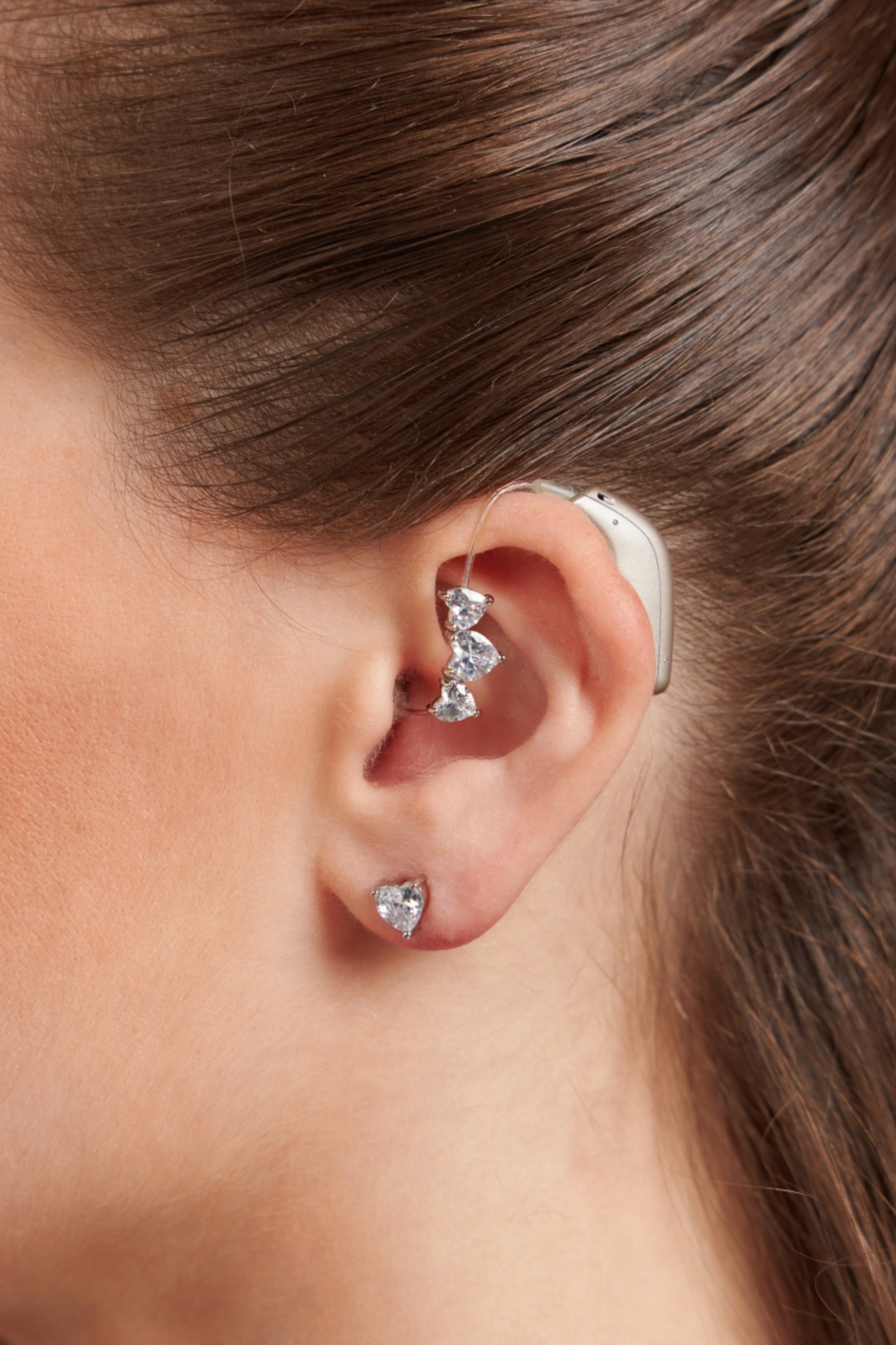 Crystal Heart Earrings with Hearing Aid Piercing Charm – Rhodium Plated