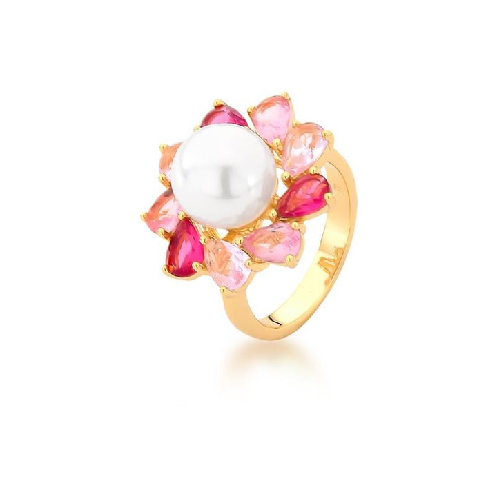 Pearl & Pink Crystal Flower Ring – 18k Gold Plated