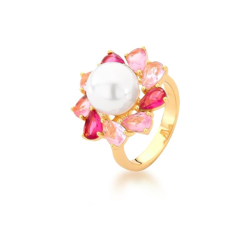 Pearl & Pink Crystal Flower Ring – 18k Gold Plated