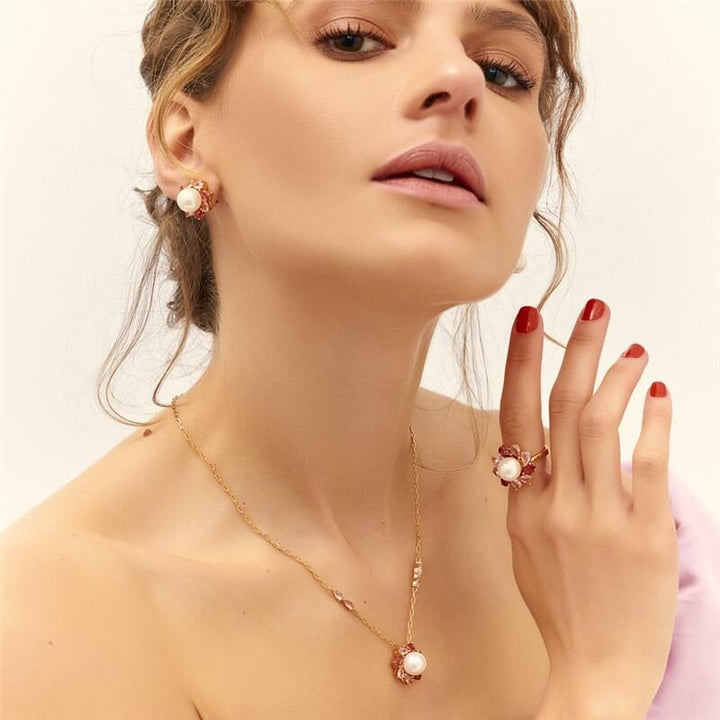 Pearl & Pink Crystal Flower Ring – 18k Gold Plated