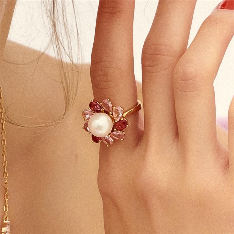 Pearl & Pink Crystal Flower Ring – 18k Gold Plated