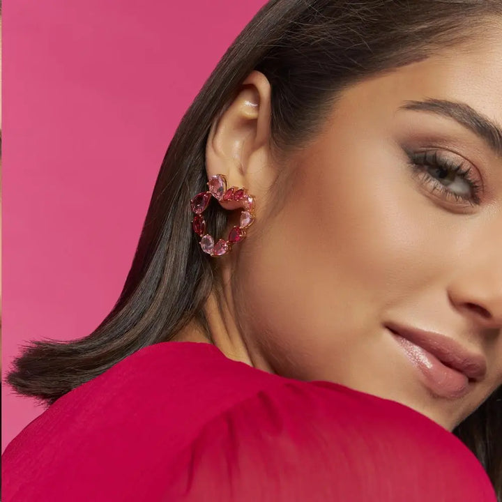 Heart Hoop Earrings with Pink Crystals – 18k Gold Plated