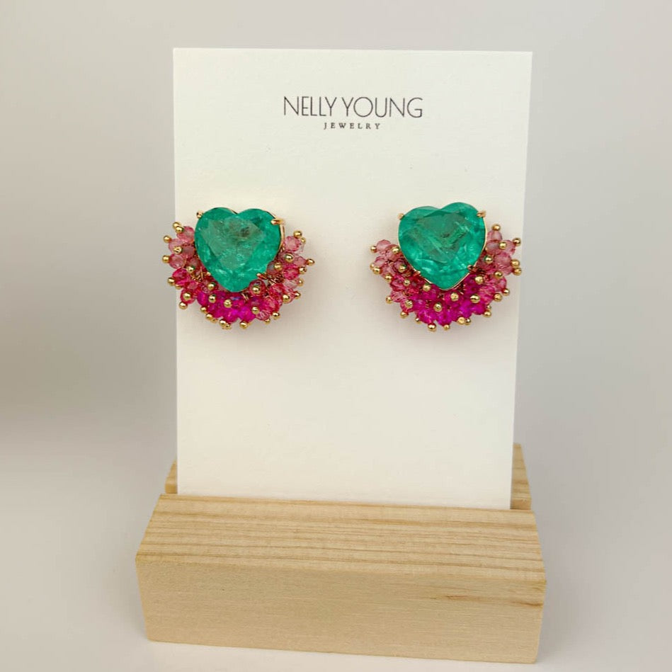 Fusion Heart Earring 18K gold-plated with green stone for statement style