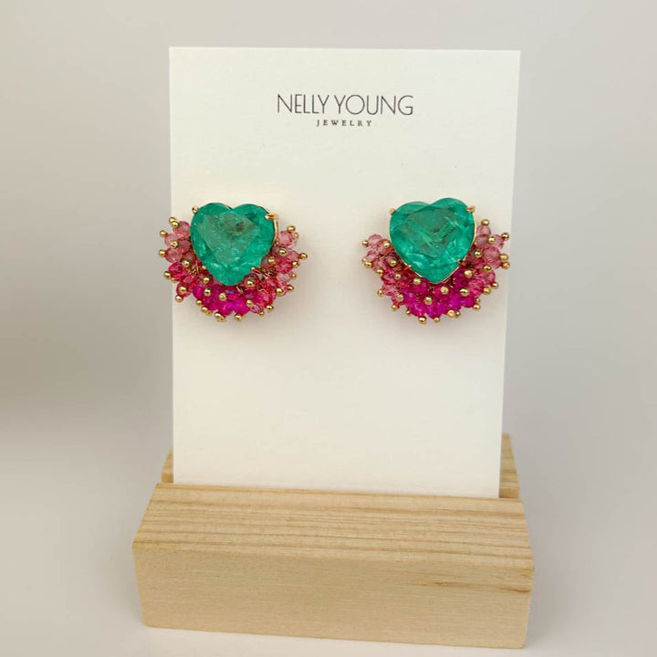 Fusion Heart Earring 18K gold-plated with green stone for statement style
