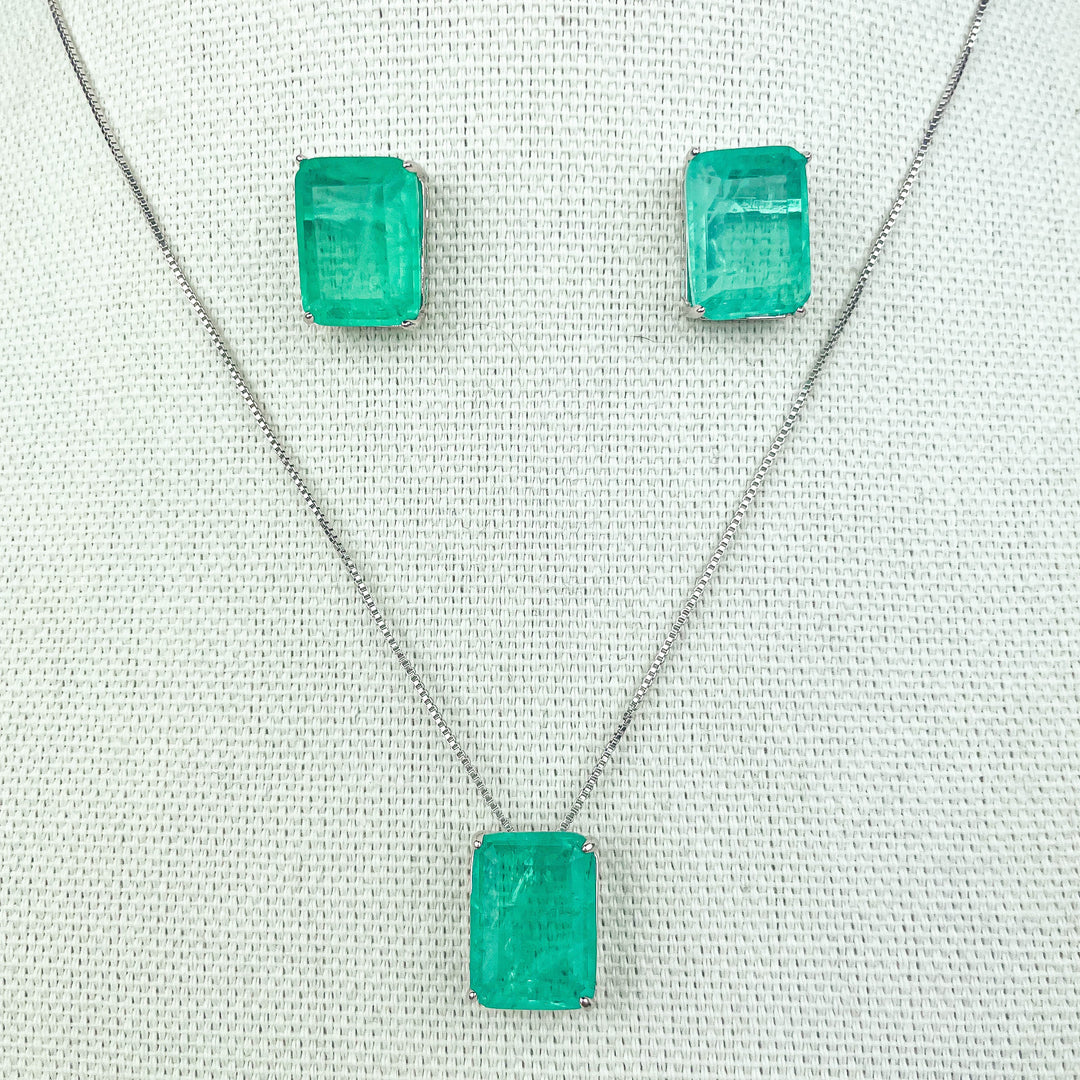 green fusion jewelry set with square green fusion stud earrings and matching pendant necklace