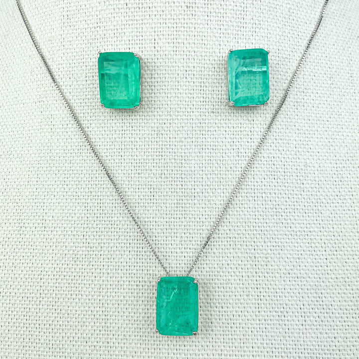 green fusion jewelry set with square green fusion stud earrings and matching pendant necklace