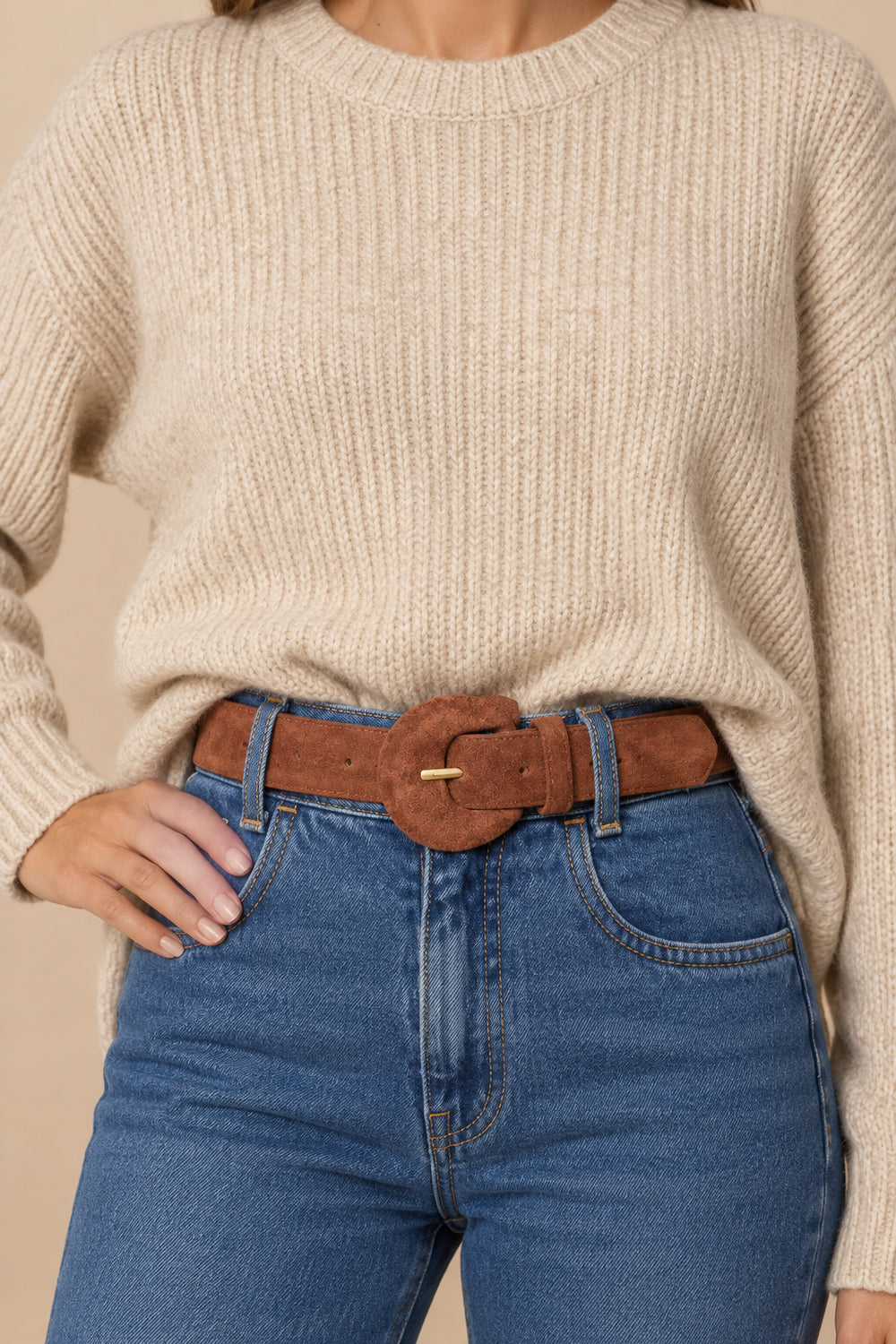 Half Moon Suede Belt with covered metal half-moon buckle enhances waist styling