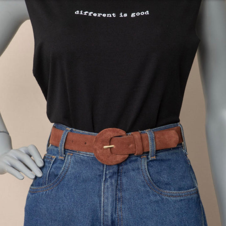Half Moon Suede Belt with covered metal half-moon buckle enhances waist styling