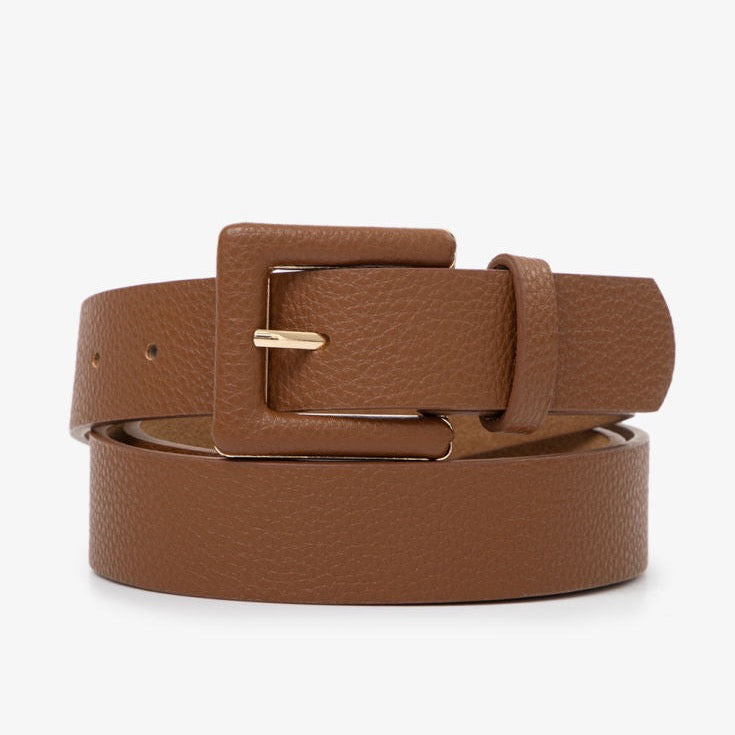 Plus Size Leather Belt covering curves with luxe gold buckle—perfect busy-moms accessory