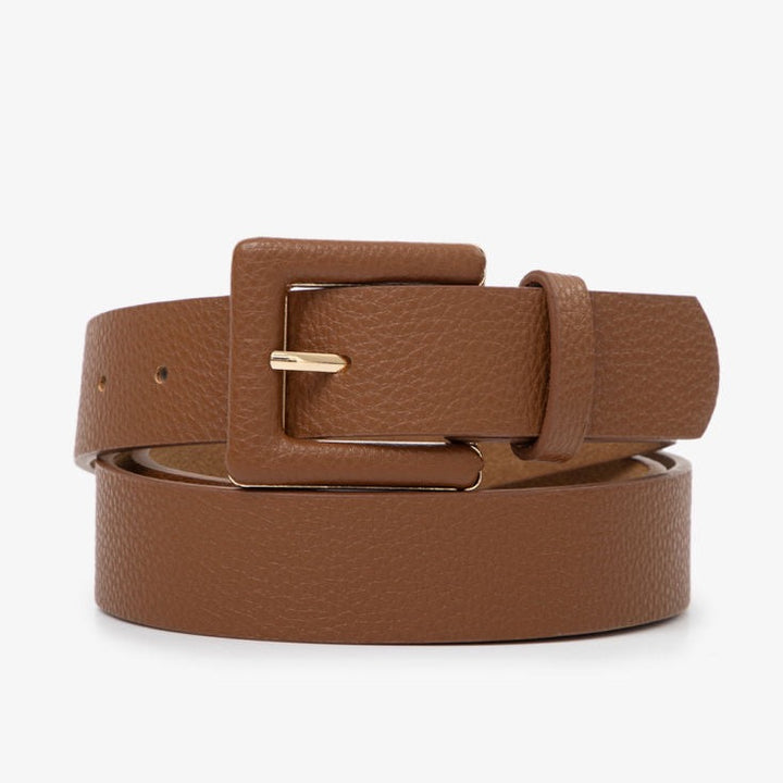 Plus Size Leather Belt covering curves with luxe gold buckle—perfect busy-moms accessory
