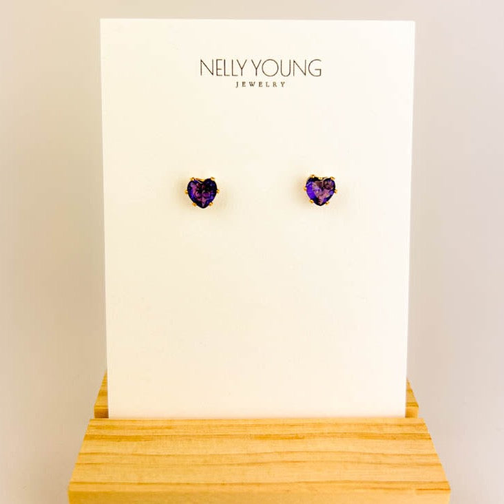 Purple Zircon Heart Earrings with 18K gold plating for everyday elegance