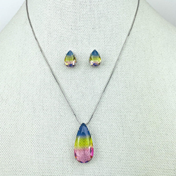 Rainbow Water Drop Necklace Set with fusion stone sparkle for everyday elegance