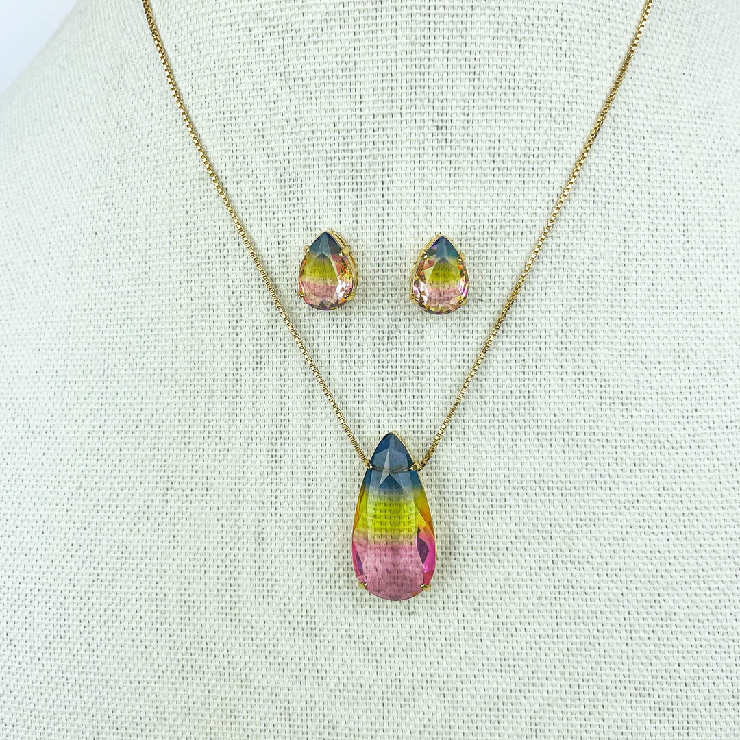 Rainbow Water Drop Necklace Set in 18k gold plating for vibrant gift giving