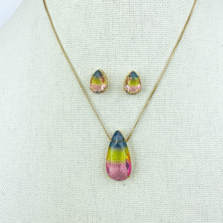 Rainbow Water Drop Necklace Set in 18k gold plating for vibrant gift giving
