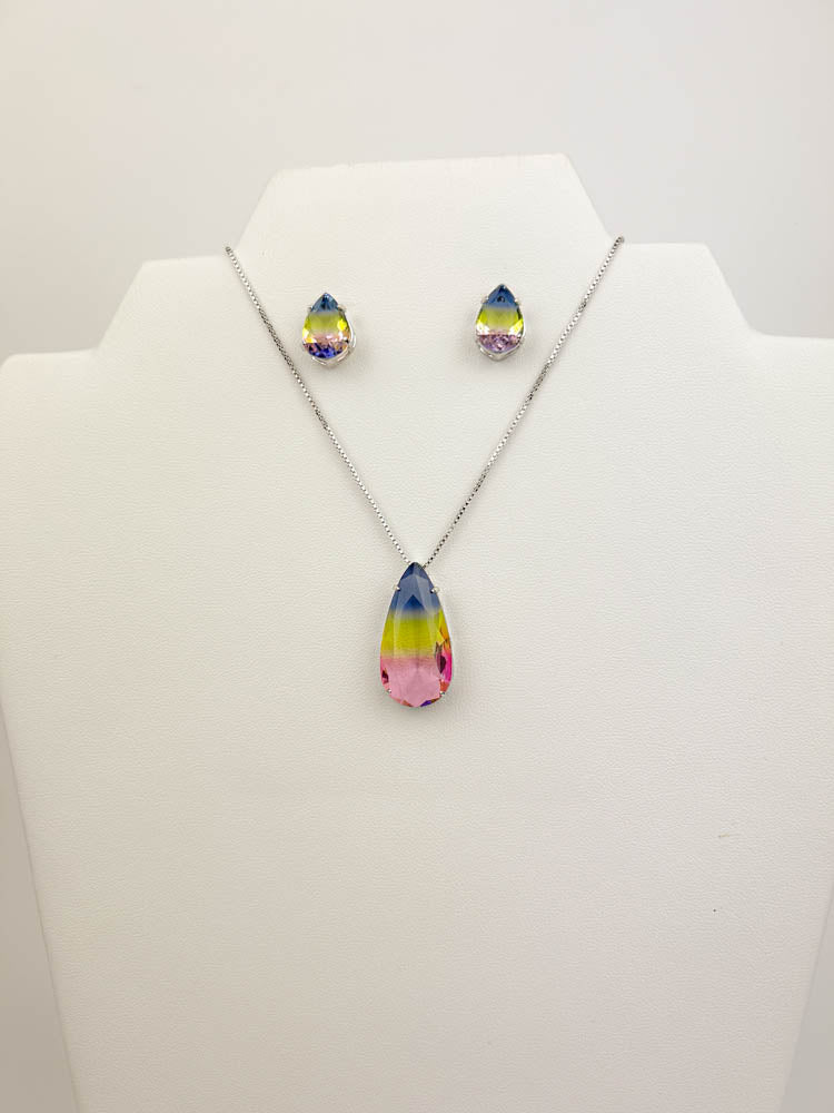 Rainbow Water Drop Necklace Set featuring vibrant fusion stones, perfect gift for her
