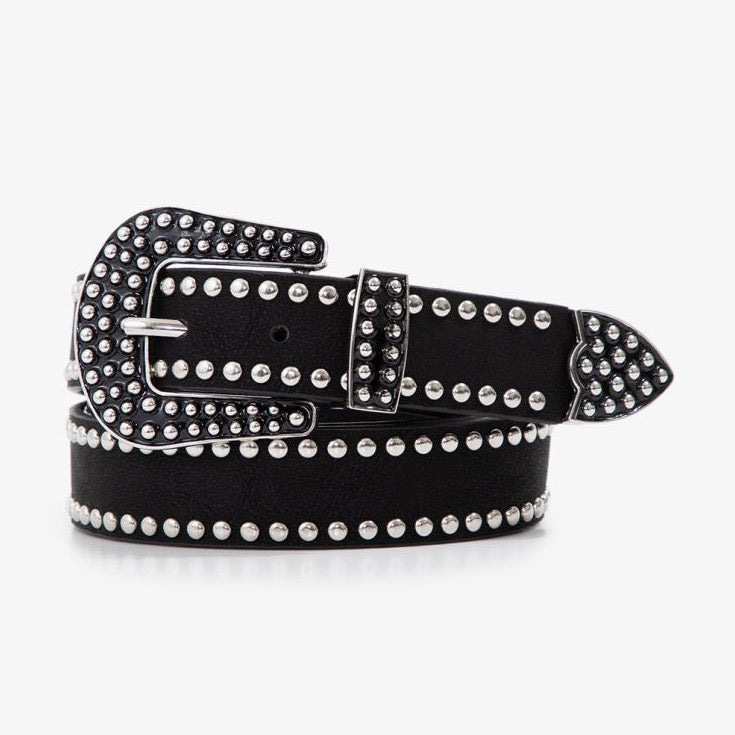 A black belt with metallic studs and a decorative buckle on a white background.
