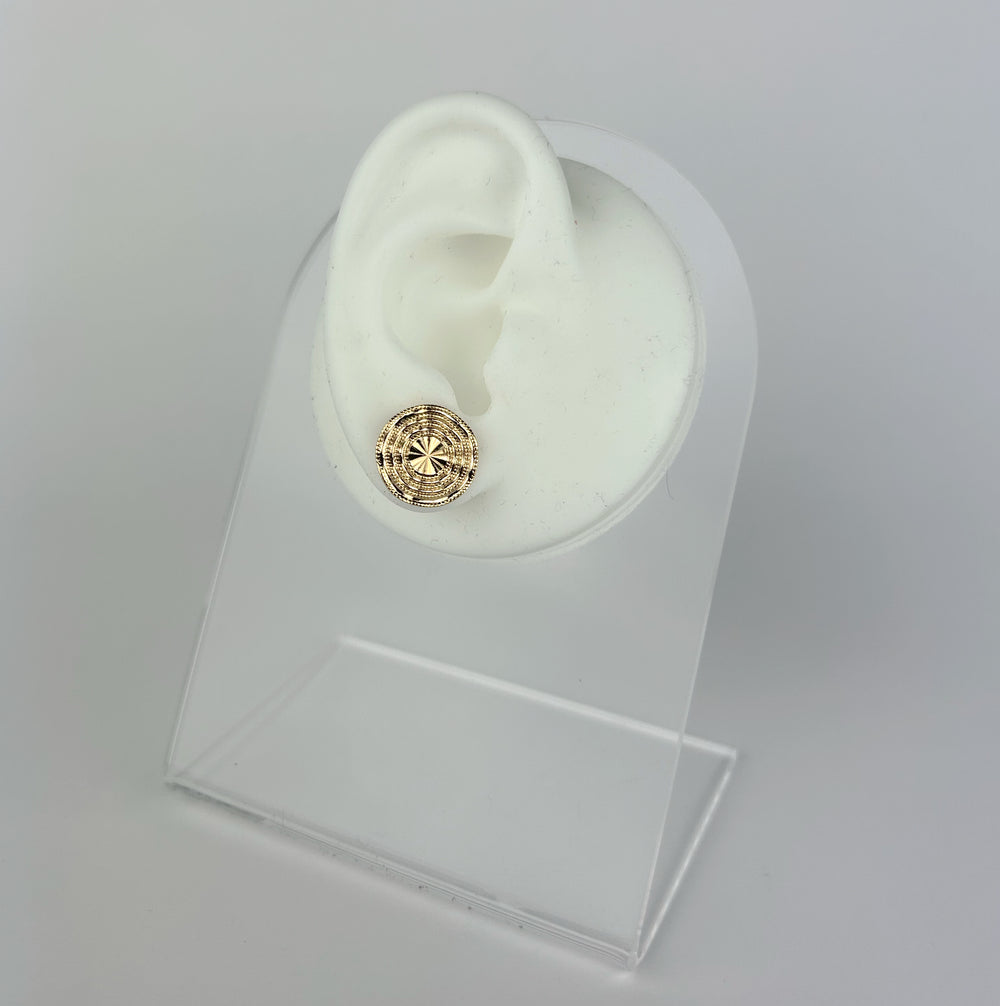 Small texture round earrings displayed on a white ear model, showcasing elegant 18K gold plating by Nellyyoung Jewelry.