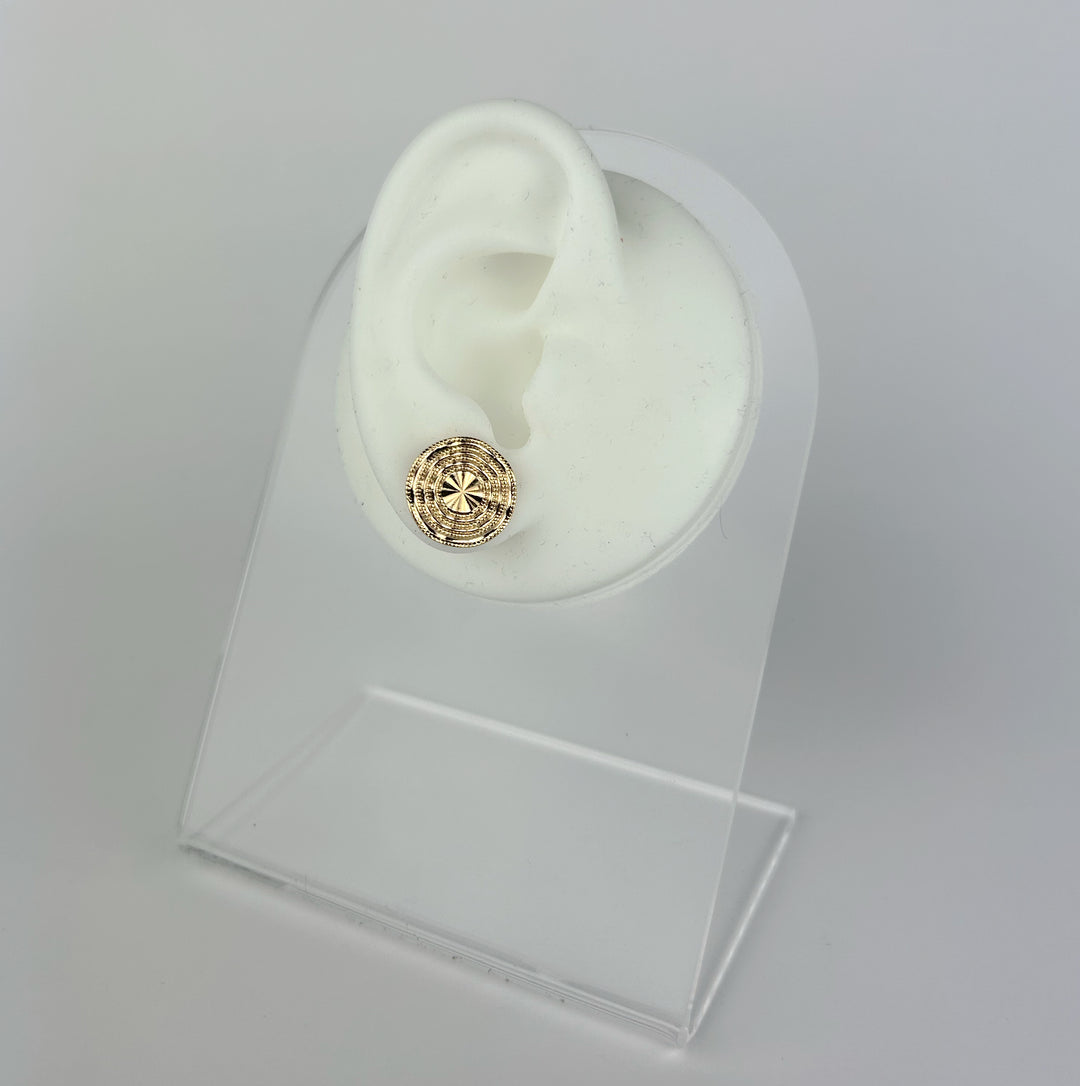 Small texture round earrings displayed on a white ear model, showcasing elegant 18K gold plating by Nellyyoung Jewelry.