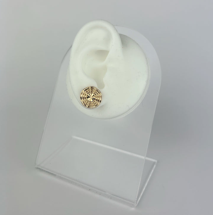 Small texture round earrings displayed on a white ear model, showcasing elegant 18K gold plating by Nellyyoung Jewelry.